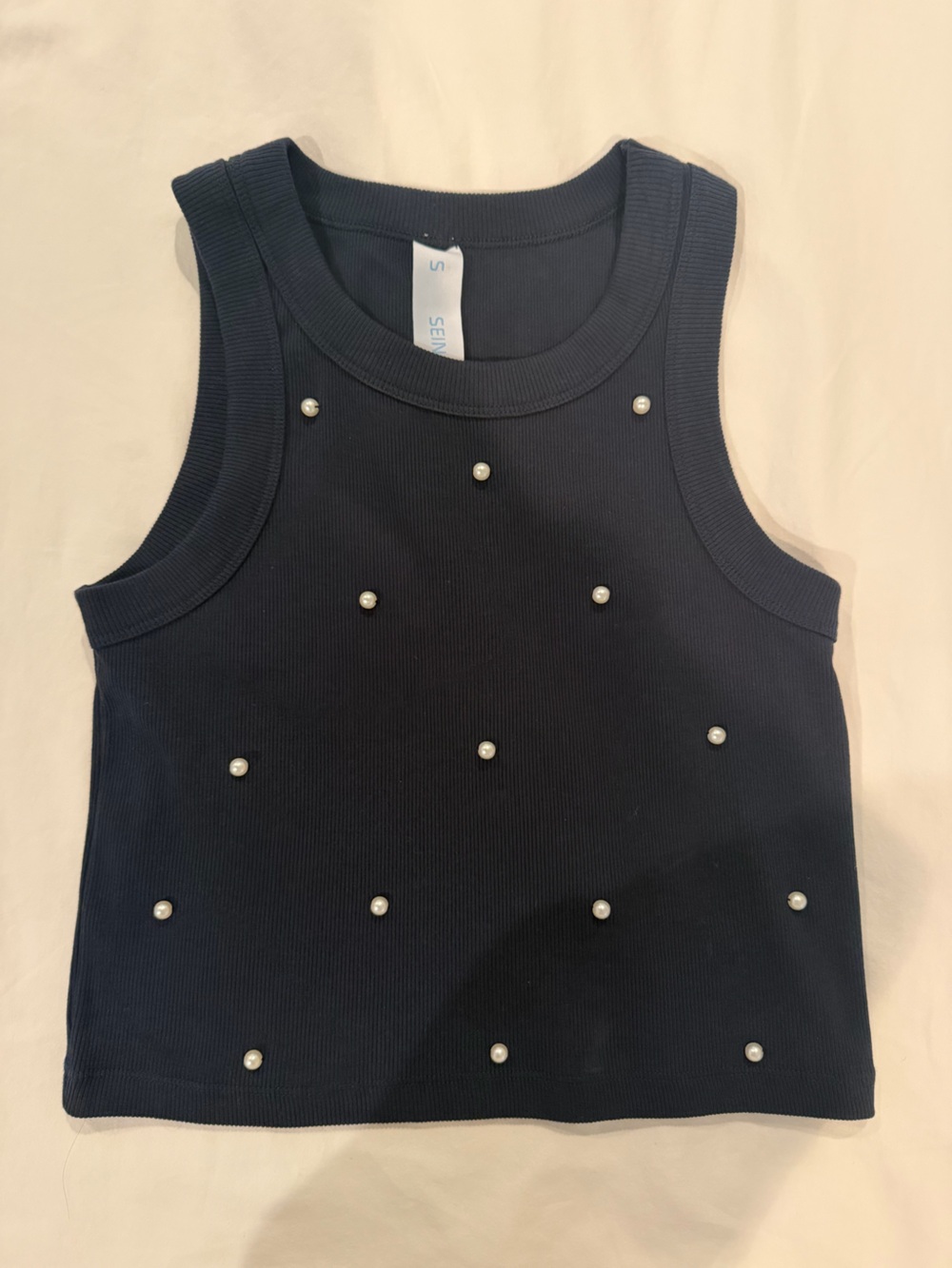 Sleeveless Navy Pearl-Accent Tank Top